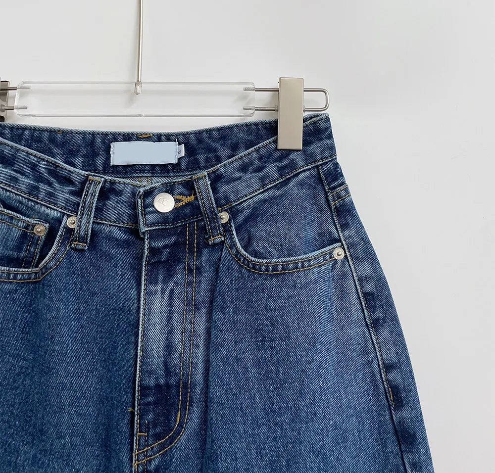 Retro High Waist Straight Leg Blue Jeans Women's Autumn Spring Season Versatile Loose Fit Long Pants Ladies Premium Denim