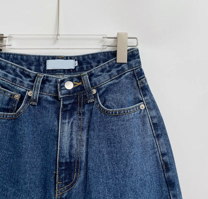 Retro High Waist Straight Leg Blue Jeans Women's Autumn Spring Season Versatile Loose Fit Long Pants Ladies Premium Denim