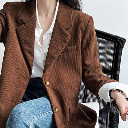 Brown Corduroy Suit Jackets Women's Spring New Fashion Loose Casual Blazers Notched Collar Single Breasted Pockets Female Tops