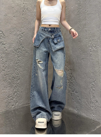 Streetwear Harajuku Jeans for Women Pantalones Vaqueros Mujer Chic Fake Two Denim Trousers Casual Straight Y2k Wide Leg Pants