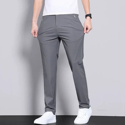 High Elastic Ice Silk Casual Pants Men's Spring Summer Ultra-thin Quick Drying Soft Breathable Business Straight Gray Trousers