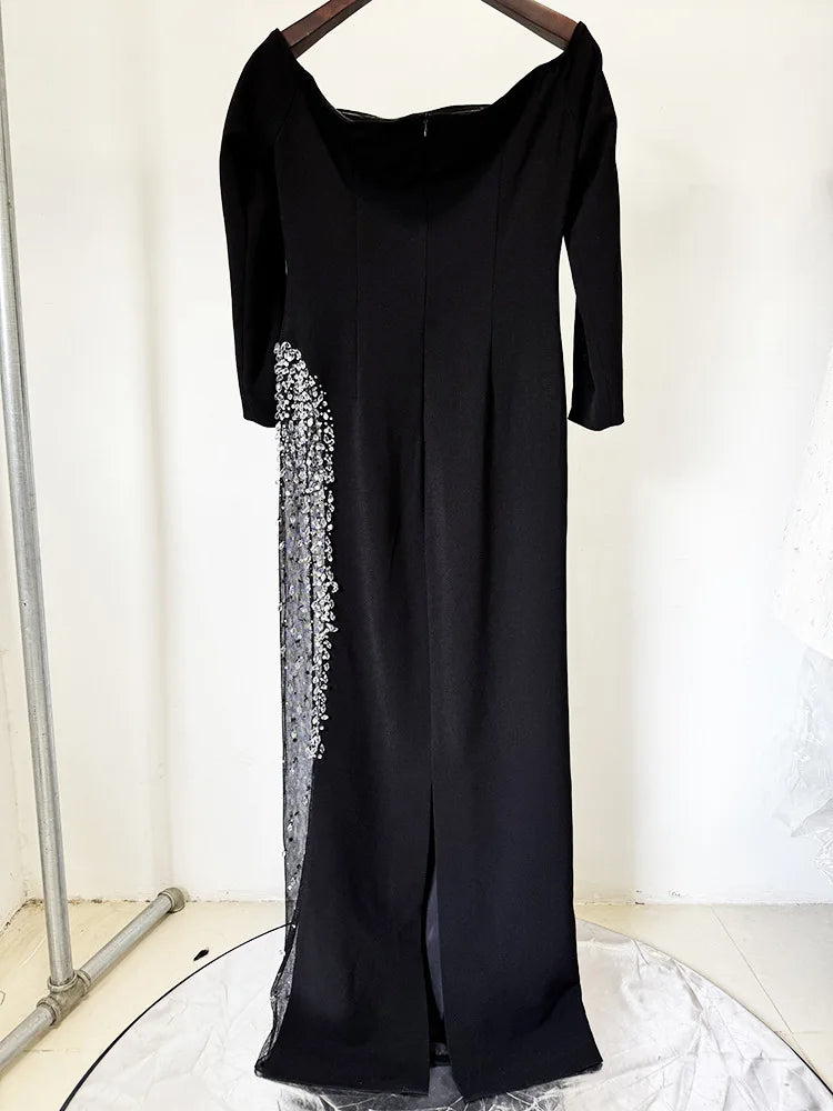 HIGH STREET Newest 2026 Designer Vestido Women's Diamonds Beaded Slash Neck Off The Shoulders Patchwork Gauze Long Maxi Dress