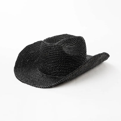 Hand-crocheted Natural Raffia Straw Cowboy Hat for Women Men Summer Wide Brim Sun Hat Outdoor Breathable Beach Caps