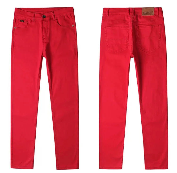Men Classic Version Slim Stretch Trousers Clothing Red Straight Jeans Fashion High Quality Casual  Denim Pants Male 36 40