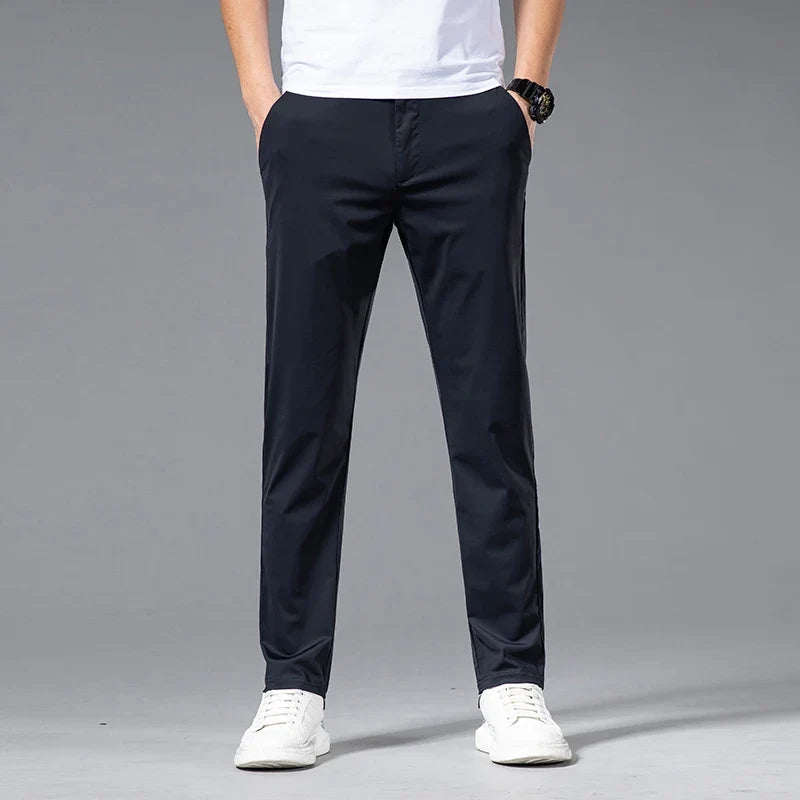 Ultra-thin Ice Silk Cool Men's  Casual Pants Summer New High Elasticity Quick-drying Drape Business Straight Trousers Black Gray