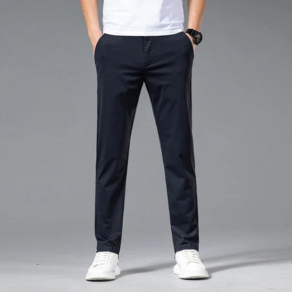 Ultra-thin Ice Silk Cool Men's  Casual Pants Summer New High Elasticity Quick-drying Drape Business Straight Trousers Black Gray