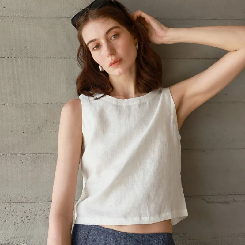 Chic Front And Back Two Wear Women Linen Tank Top 2026 Summer New Casual Short Loose 100% Linen Sleeveless Crop Tops