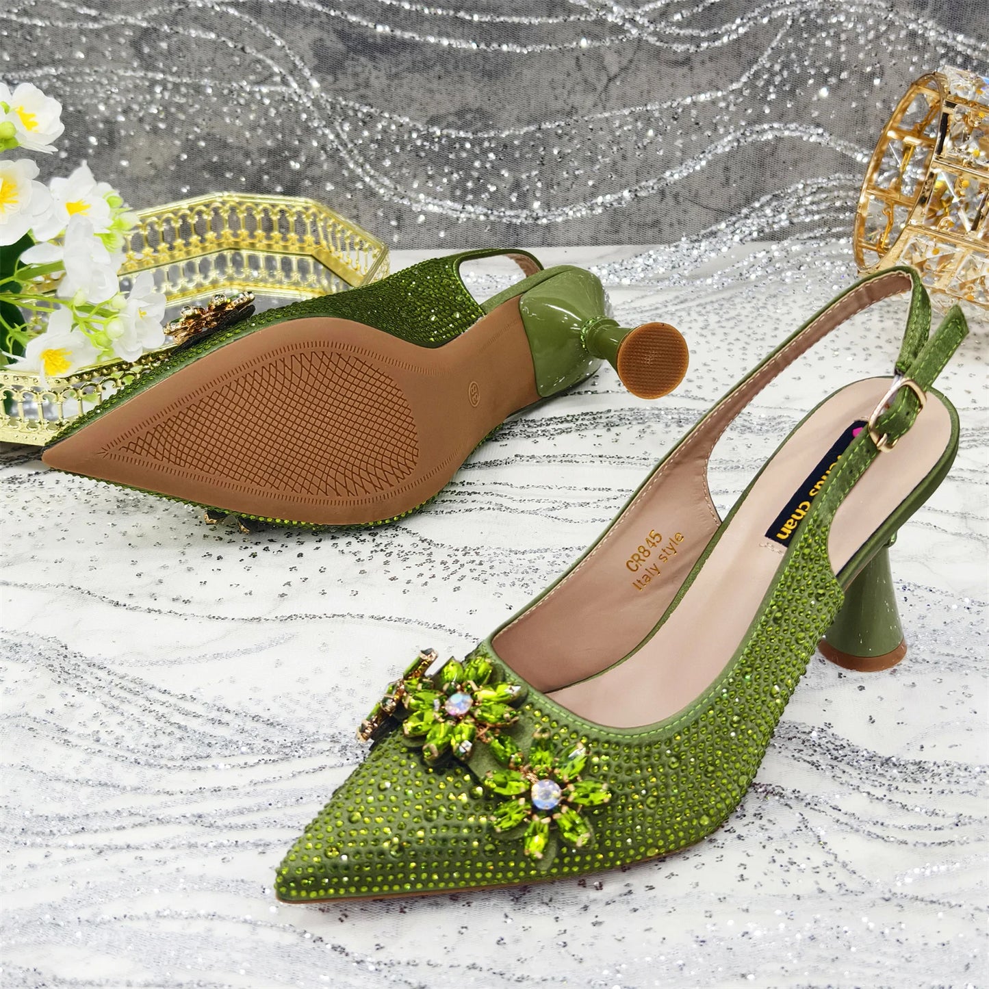 Olive-Green Pointed-Toe Women's High Heels Shoes and Bags for Party Rhinestone Evening Elegant Luxury Handbag