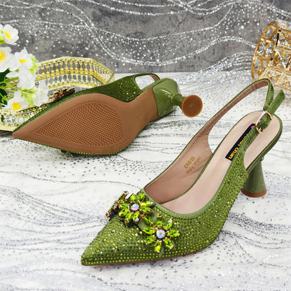 Olive-Green Pointed-Toe Women's High Heels Shoes and Bags for Party Rhinestone Evening Elegant Luxury Handbag