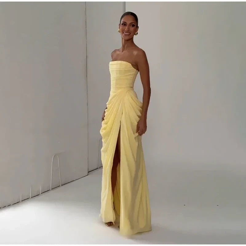 Women Strapless Pleated Long Dress Elegant Solid Split Sleeveless Backless High Waist Slim Fit Maxi Dresses 2026 Lady Party Robe