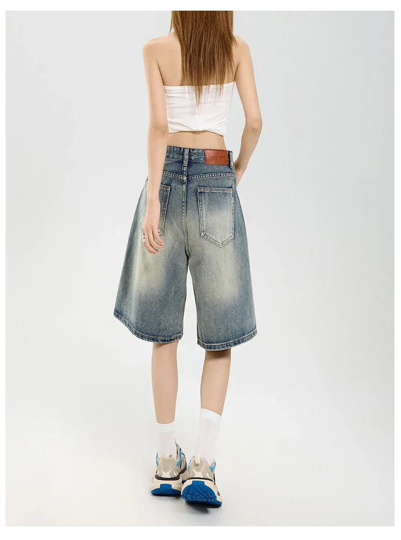 2026 Korean Street Casual Y2K Loose Wide-leg Denim Shorts Five-point Baggy Jeans Women's All-match Straight Summer Hot Shorts