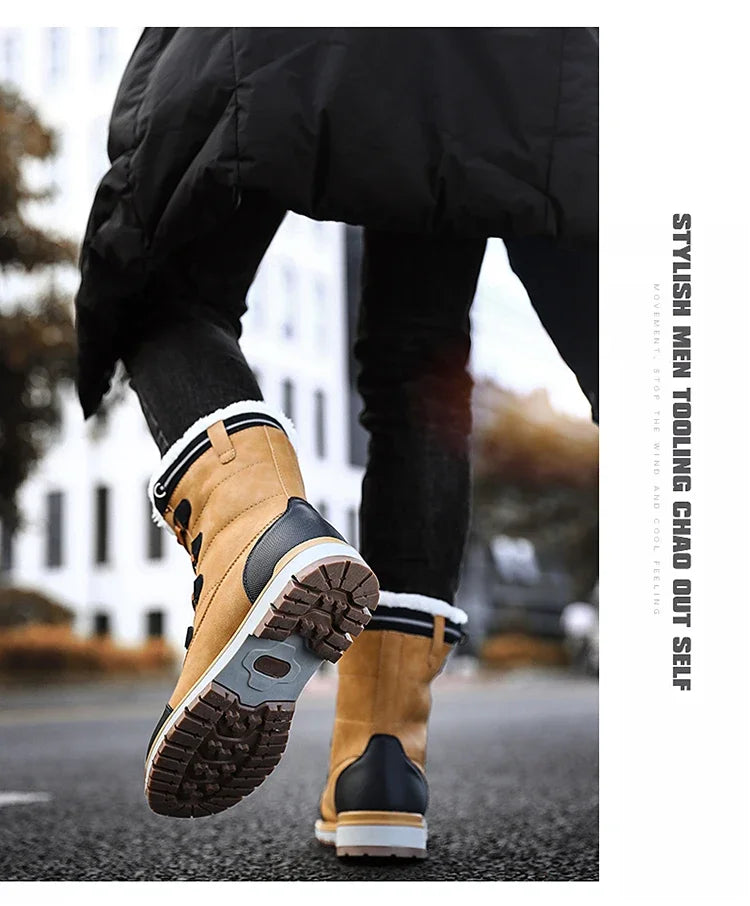 Fashion Men's Winter Boots Warm Fur High-top Snow Boots Men Waterproof Leather Platform Boots Outdoor Non-slip Men Winter Shoes