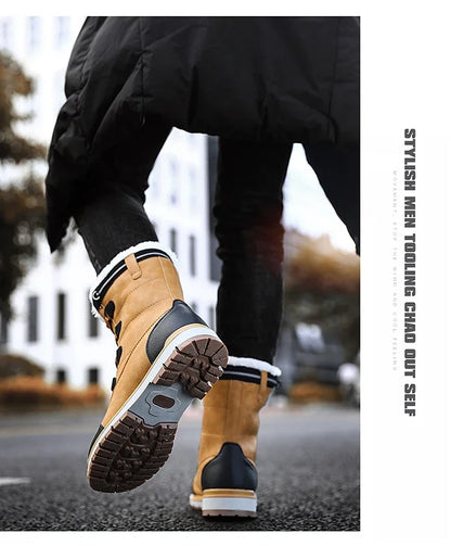 Fashion Men's Winter Boots Warm Fur High-top Snow Boots Men Waterproof Leather Platform Boots Outdoor Non-slip Men Winter Shoes