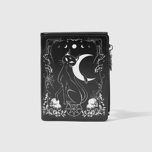 Portefeuille court zippé étoile imprimé Lune Gothique et Chat Noir multi-cartes, porte-cartes et porte-monnaie décontracté et tendance