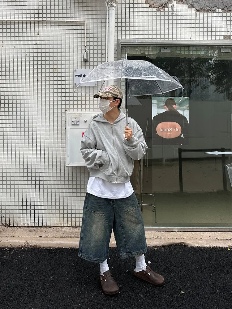 American Retro Washed High Street Jeans Shorts Men's Loose Straight Leg Wide Leg Vintage Casual Versatile Six Seven Pants