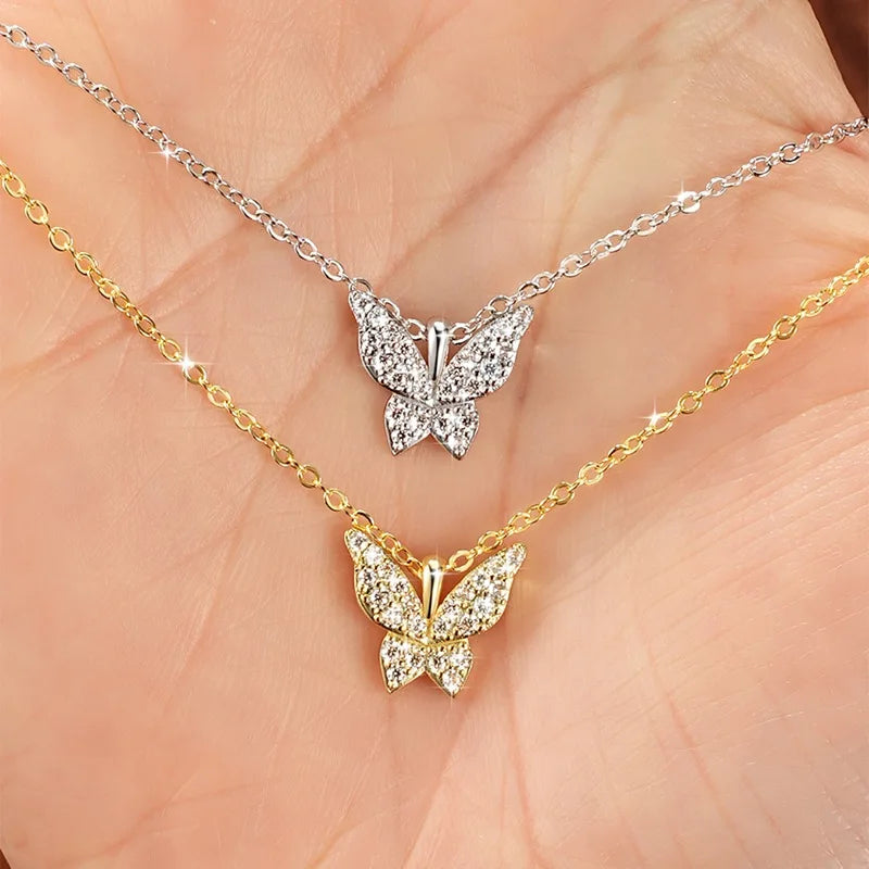 Sparkling 1.5mm Moissanite Necklace 14K Gold Butterfly Pendant Necklaces for Women Valentine's Day Jewelry Gift