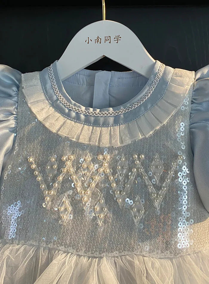 Sweet Little Girls Spring and Summer New Heavy Princess Gown Childrens Puff Sleeve Pearl Sequined Mesh Birthday Party Cake Dress