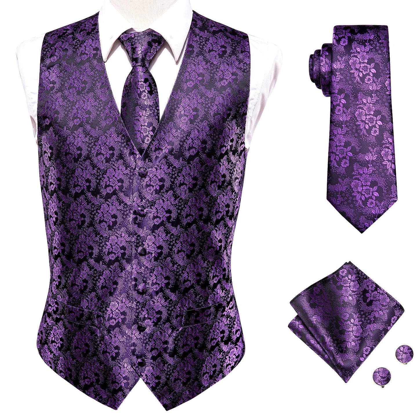 Green Mint Purple Mens Silk Vest Tie Jacquard Autumn Spring Suit Waistcoat Jacket Necktie Hanky Cufflinks for Men Wedding