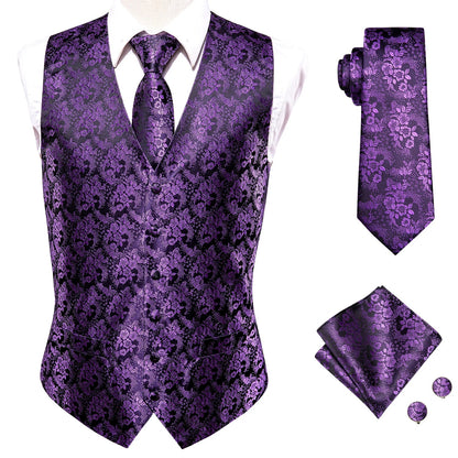 Green Mint Purple Mens Silk Vest Tie Jacquard Autumn Spring Suit Waistcoat Jacket Necktie Hanky Cufflinks for Men Wedding