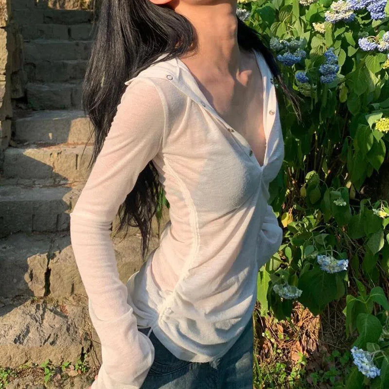 Y2K Sexy See Through Hooded T-Shirt Women Summer Sun Protection Long Sleeve V-Neck Sheer Top Harajuku Streetwear White Tee 2026
