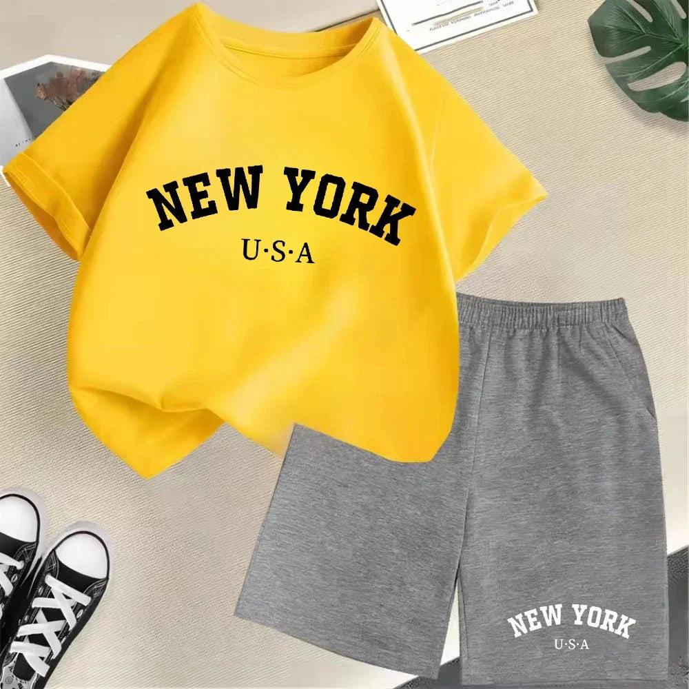 2026 New Kids Boys Girls New York Letter Pattern Cotton T-shirt+Shorts 2-Piece Set Casual Daily