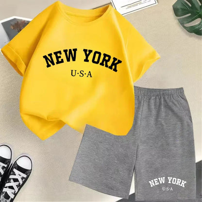2026 New Kids Boys Girls New York Letter Pattern Cotton T-shirt+Shorts 2-Piece Set Casual Daily