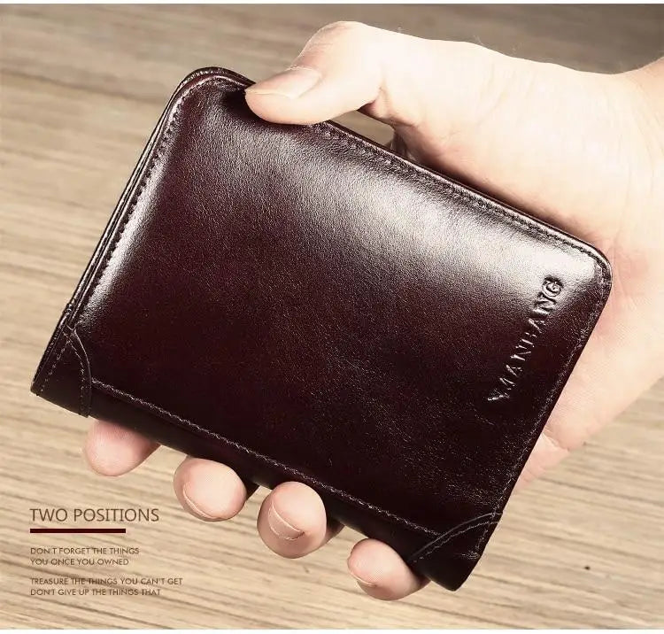 Luxury Men Wallet Slim Genuine Cow Leather Male RFID Trifold Short Purse For Men with ID Window and Credit Card Holder