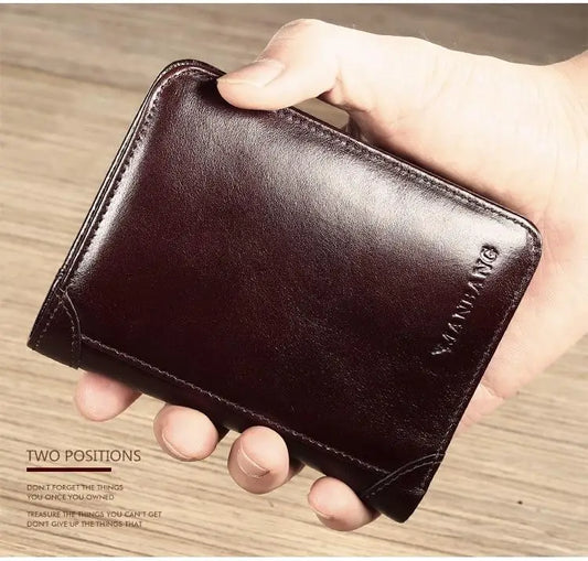 Portefeuille de luxe pour homme en cuir de vache véritable, fin, pliable, court, avec fenêtre d'identité et porte-cartes de crédit