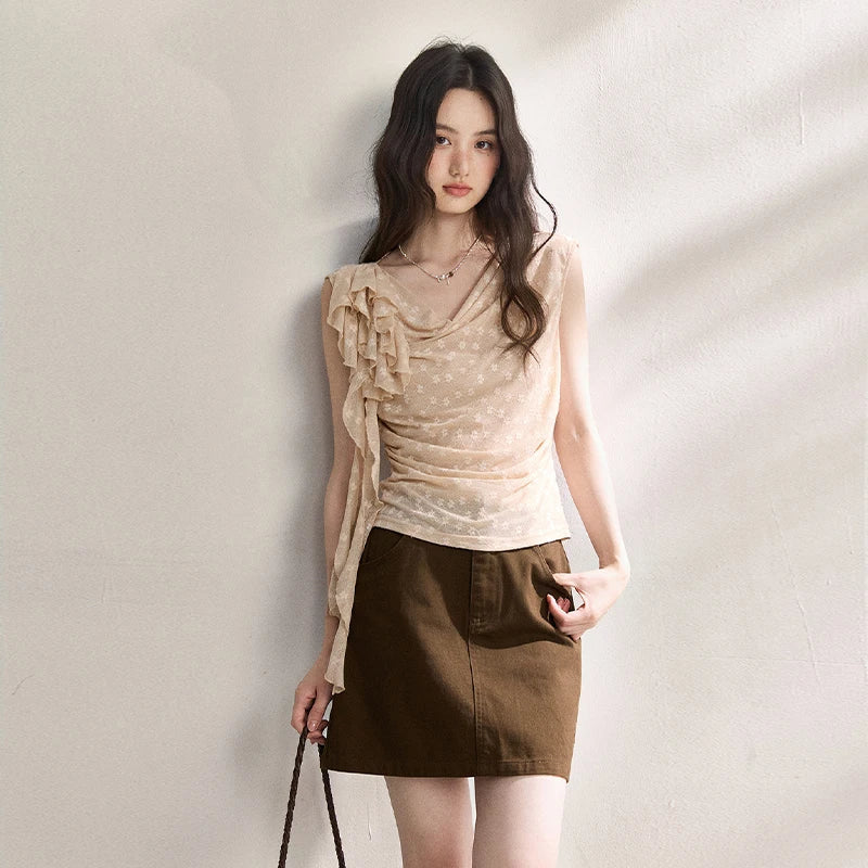 French Floral Lace Swing Neck Shirt For Women 2026 Summer New Pleated 3D Floral Ribbon Hazy Elegant Slim Top MXF24X2617
