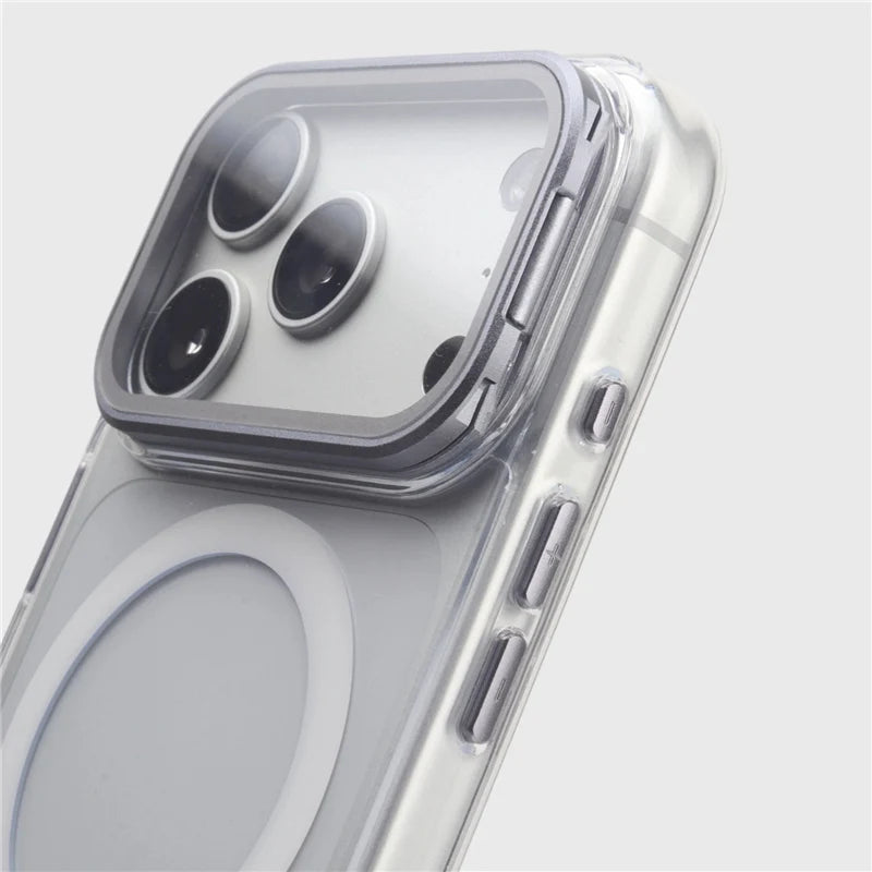 For Magsafe Folding Lens Holder Clear Magnetic Case For iPhone 17Pro Max 15 16Pro 17 With Camera Tempered Glass Hard Back Cover