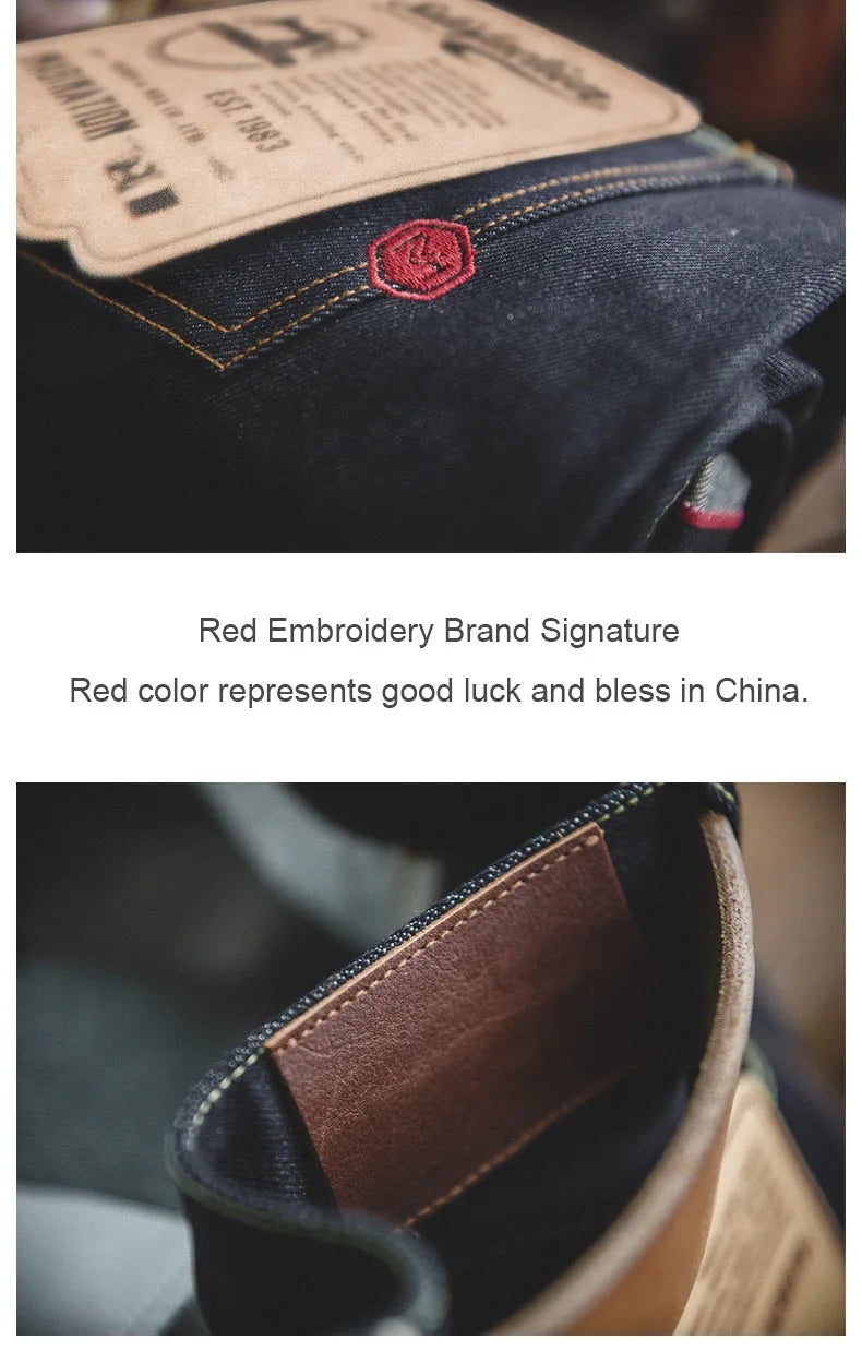 Retro 14.5oz Selvedge Raw Denim for Men's Jeans with YKK Zipper Fly Embroidery Straight Jeans Classic Solid Color Trousers