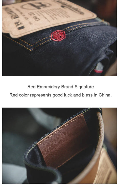 Retro 14.5oz Selvedge Raw Denim for Men's Jeans with YKK Zipper Fly Embroidery Straight Jeans Classic Solid Color Trousers