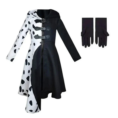 Cruella Deville Costume Black Dalmatian Jumpsuit Dress Girls Halloween Cosplay Party Dress up
