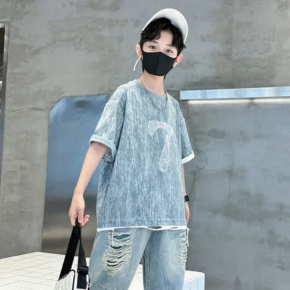 Cool Cowboy Outfit Costume Suit for Kids Child Summer Clothes Set Denim T-shirt and Ripped Shorts Clothes Set for Teens Boy 5-14