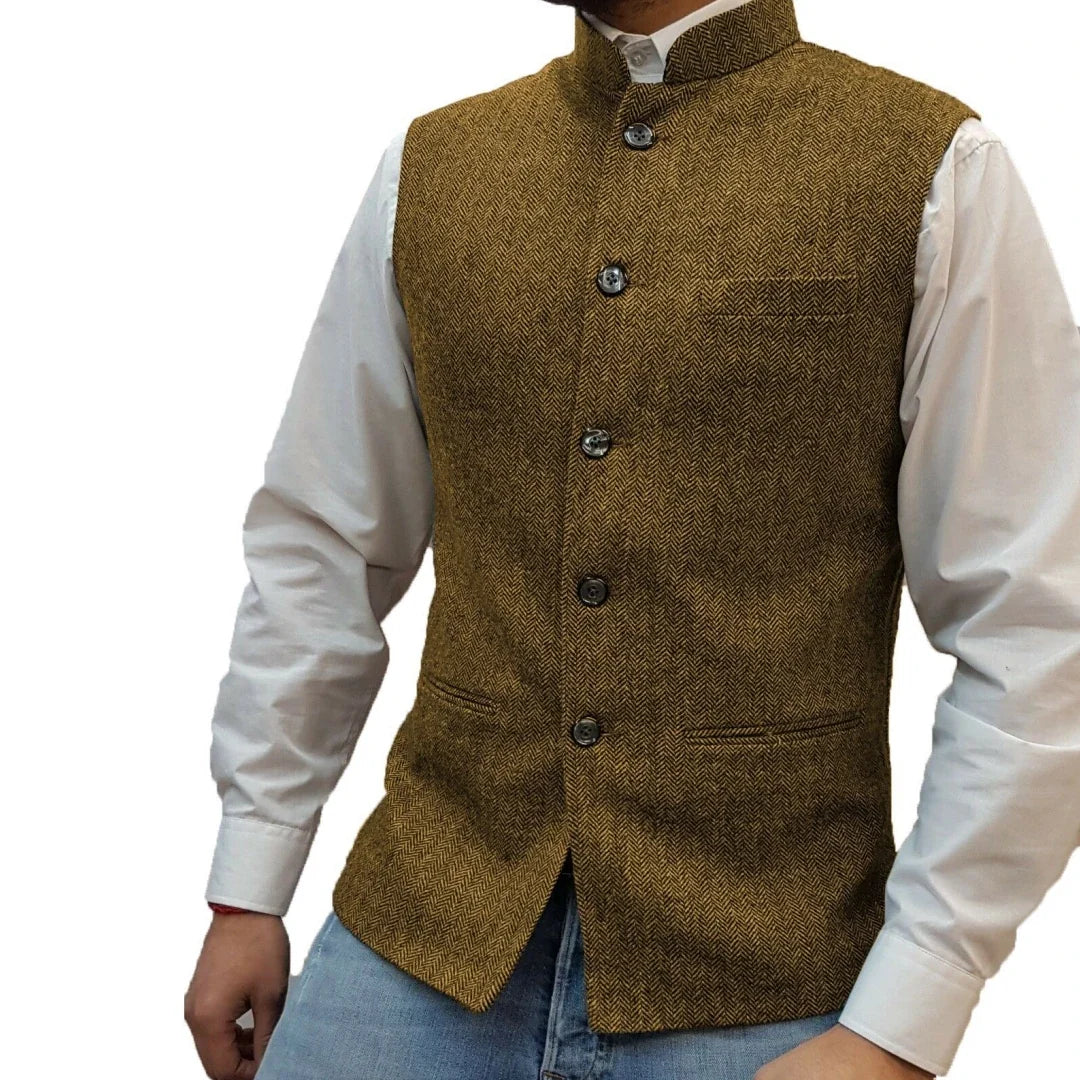 Men Vest Gray Herringbone Height Collar Single Button Waistcoat For Wedding Party Business Work Daily Casual Men Suit Vest