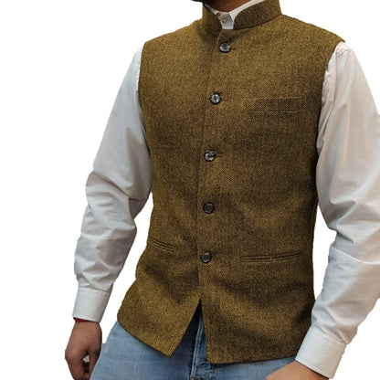 Men Vest Gray Herringbone Height Collar Single Button Waistcoat For Wedding Party Business Work Daily Casual Men Suit Vest