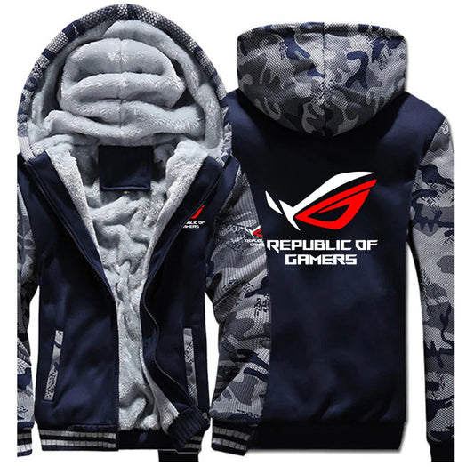 2025 Autumn Winter Cardigan Long Sleeve Thickened Hoodies Men's ROG Republic Of Gamers Print Cold-Proof High Street Hooded Coats