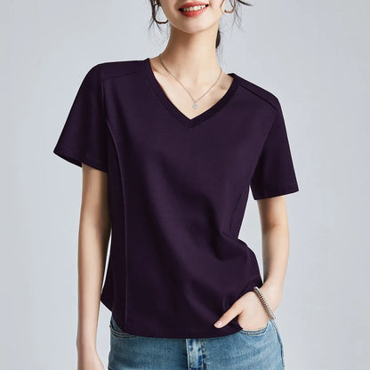 Summer Women's White Mercerized Cotton T-Shirt | 3D Stitching Round Neck Basic Top | Plus Size Slim Fit Layered Casual Blouse