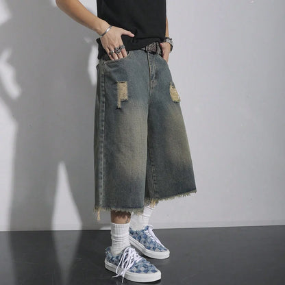 Men's Loose Ripped Denim Jeans 7 Point Calf Length Wide Leg Trousers Distressed Holes Frayed Hem Streetwear Casual Pants