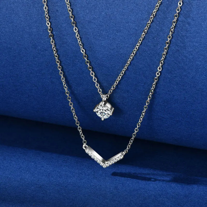 Certified Moissanite V-shape Pendant Double Necklaces Chains for Women S925 Sterling Silver Fine Jewelry Gifts Collares