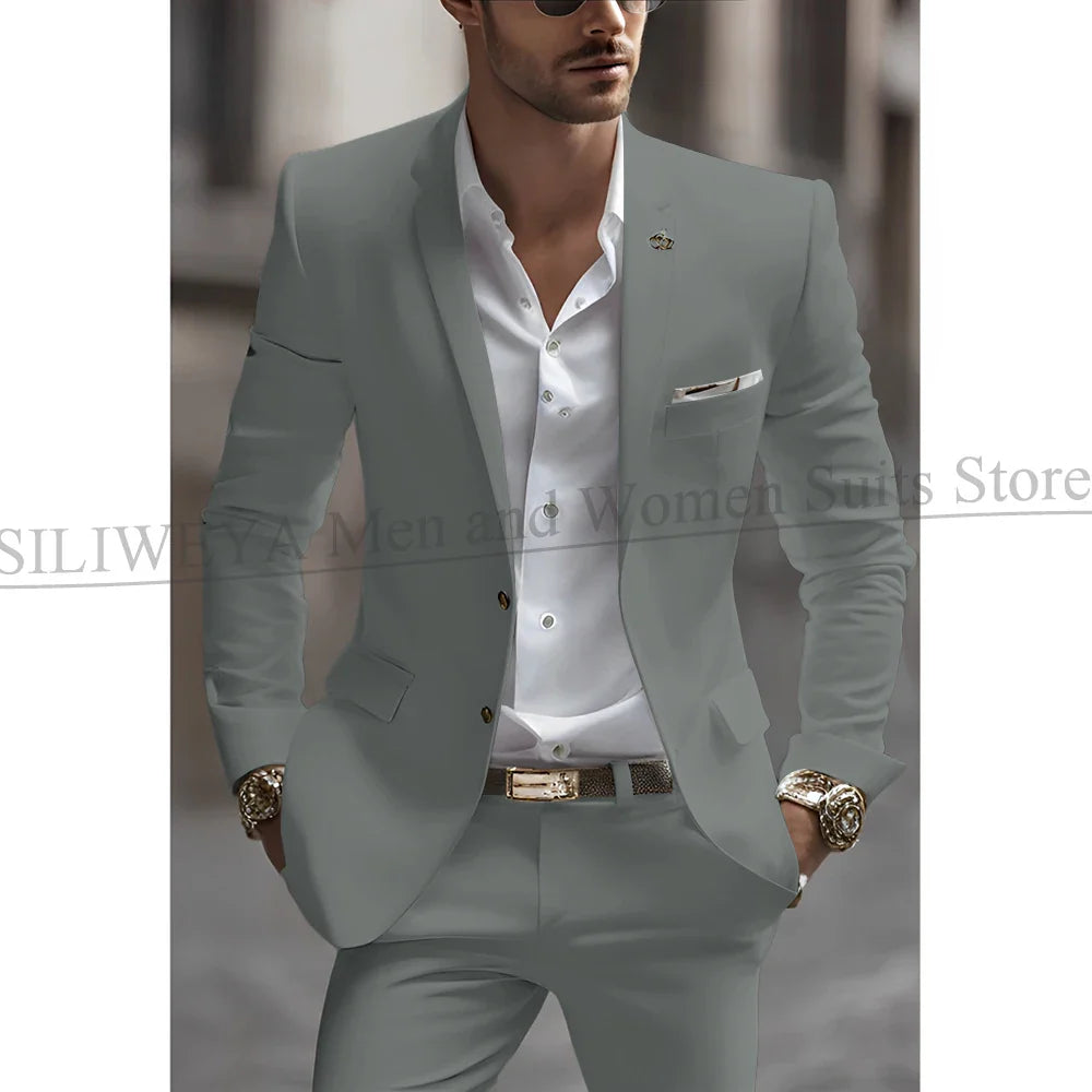 Summer White Men Suits Two Piece Fashion Notch Lapel Single Breasted Suit Slim Fit Elegant Smart Casual Groom Wedding Tuxedo