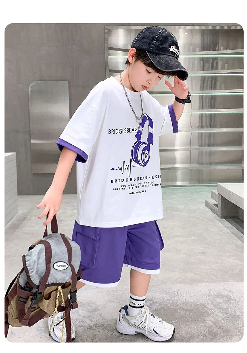 Fashion Stylish Kids Boys Top and Bottom Set Summer Tracksuit Streetwear Children New Trend Short Sleeve Clothes Suit Age 5-14 Y