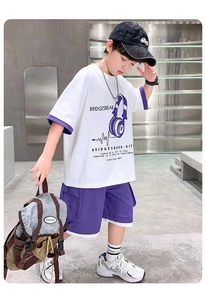Fashion Stylish Kids Boys Top and Bottom Set Summer Tracksuit Streetwear Children New Trend Short Sleeve Clothes Suit Age 5-14 Y