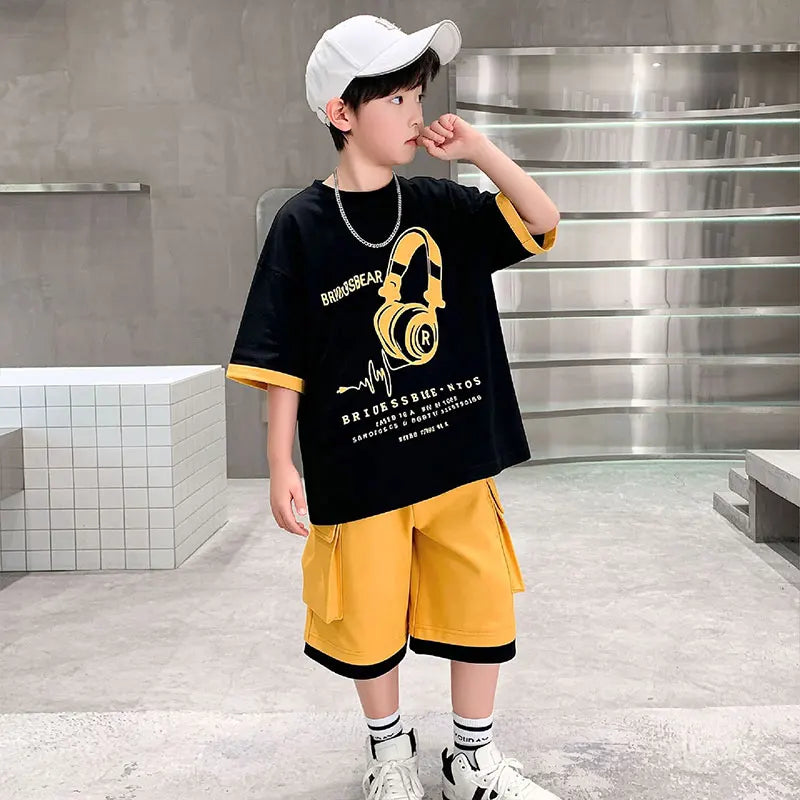 Fashion Stylish Kids Boys Top and Bottom Set Summer Tracksuit Streetwear Children New Trend Short Sleeve Clothes Suit Age 5-14 Y