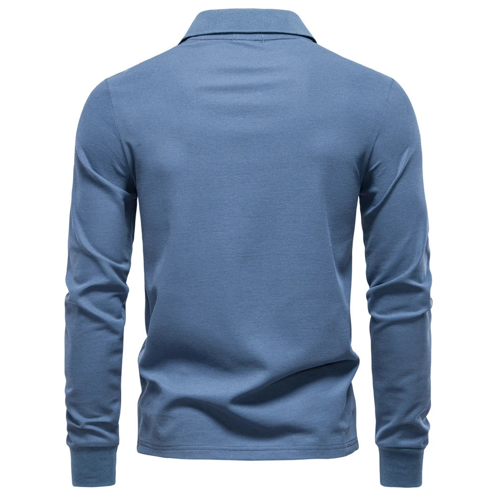 2025 Business Casual Polo Shirt Men Solid Color Long Sleeve Cotton Rich Blend Breathable Polos Male