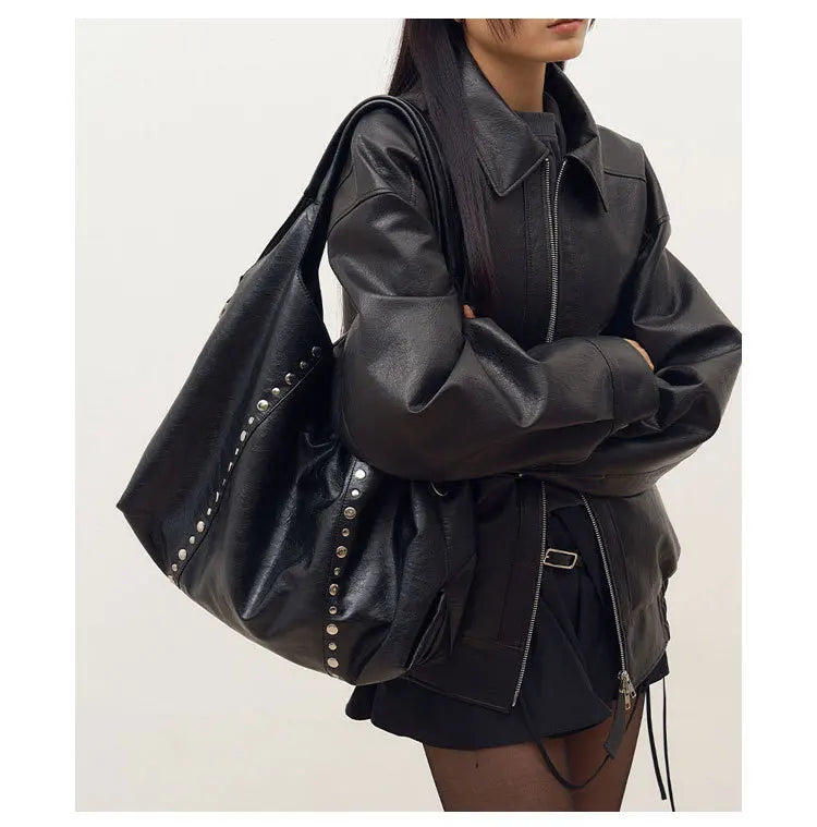 Rivet Women Shoulder Bag Large Capacity Versatile New Soft PU Single Shoulder Underarm Bag Casual Commuting Tote Black Handbag