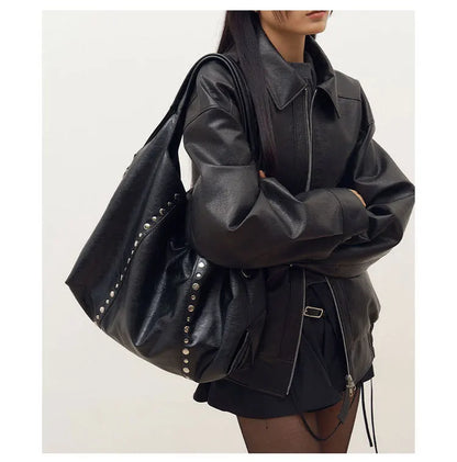 Rivet Women Shoulder Bag Large Capacity Versatile New Soft PU Single Shoulder Underarm Bag Casual Commuting Tote Black Handbag