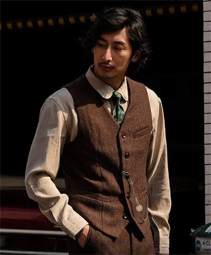 Vintage Men's Suit Vest V Neck Wool Herringbone Tweed Casual Classic Slim Fit Waistcoat Formal Business Wedding Groomsmen