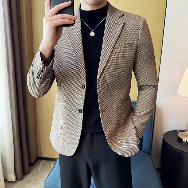 Korean Vintage Elegant Men's Business Slim Fit Suit Jacket 2026 New Fashion Lapel Single Breasted Men Social Party Dress Coats