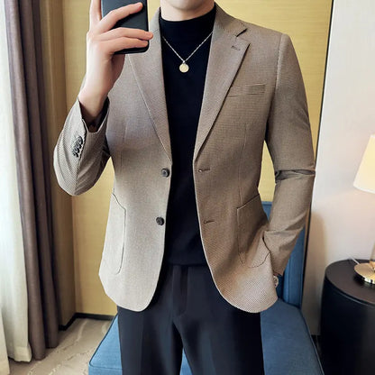 Korean Vintage Elegant Men's Business Slim Fit Suit Jacket 2026 New Fashion Lapel Single Breasted Men Social Party Dress Coats